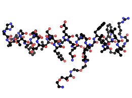 The chemical structure of semaglutide composed of many amino acids depicted as colorful orbs in a long chain with rings branching off